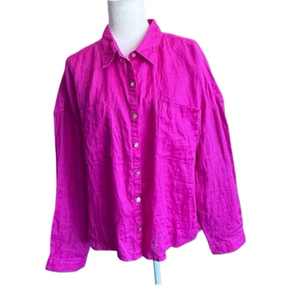 Rachel Zoe Blouse 100% Linen Hot Pink Long Sleeves Pockets SZ XL